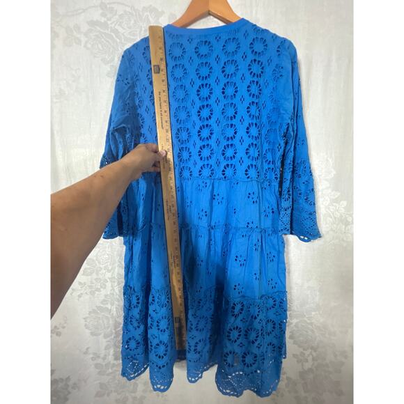 Soft Surroundings Dress 14 Blue Eyelet Tiered Long Slv Knee Length Lined Crochet - Picture 9 of 9